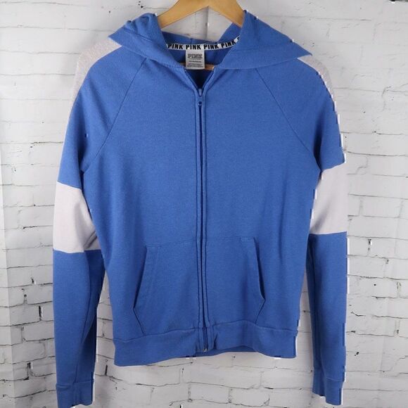 PINK VICTORIA'S SECRET BLUE WHITE FULL ZIP HOODED LOGO SWEATSHIRT WOMENS SIZE XS - Picture 1 of 11